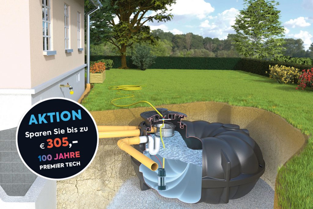 Illustration von eingebautem Erdtank mit Anschluss an das Wohnhaus und Aktionsbutton 100 Jahre Premier Tech