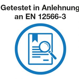 Icon mit der Aussage, dass die Kläranlage in Anlehnung an EN 12566-3 geprüft wurde