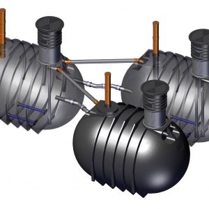 Schematische Grafik, welche die Installation und Bestandteile einer kleinen Kläranlage mit drei Rundtanks zeigt.
