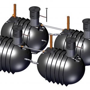 Schematische Grafik, welche die Installation und Bestandteile einer Kleine Kläranlage SBR-System mit vier Rundtanks zeigt.