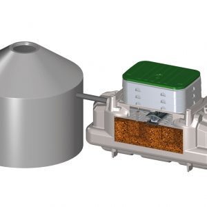 Schematische Grafik, welche die Installation und Bestandteile einer Nachrüstung für Sammelgruben durch die Nachschaltung eines Tanks mit Biofilter zeigt.