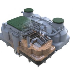 Schematische Darstellung einer Ecoflo Kleinkläranlage mit Biofilter. Die teilweise transparent gehaltene Außenwand gibt Einblick in die Lage des Filtermaterials.