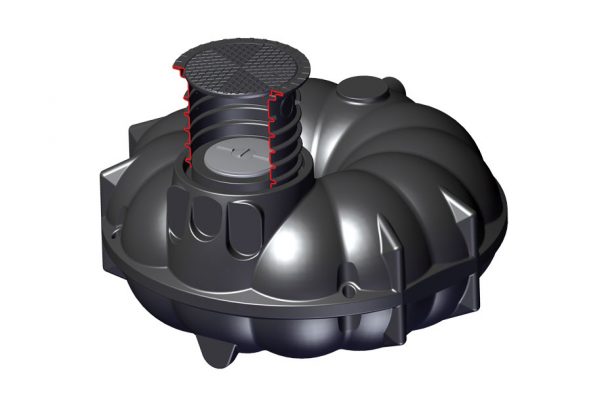 Trinkwassertank mit aufgeschnittenem Schacht.